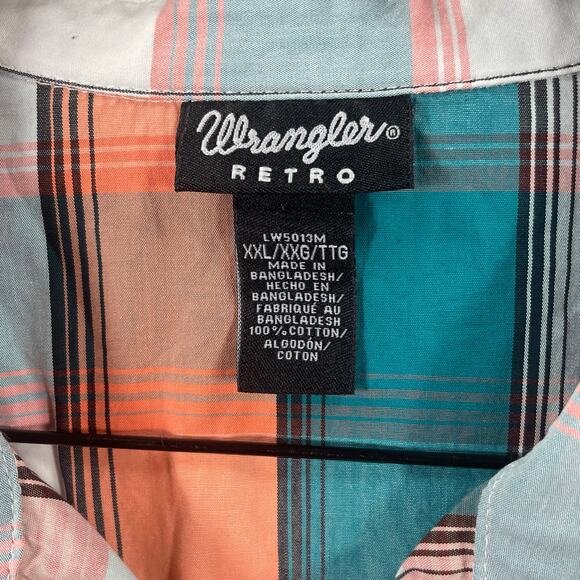 Wrangler Retro Pearl Snap Western Shirt Men's XXL Orange/Green Plaid Cowboy - Picture 5 of 12